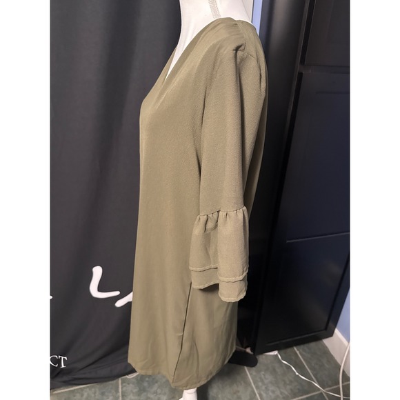 Belongsci Dresses & Skirts - Belongsci Olive Green V-Neck Bell Sleeve Shift Dress 8817-2# Large